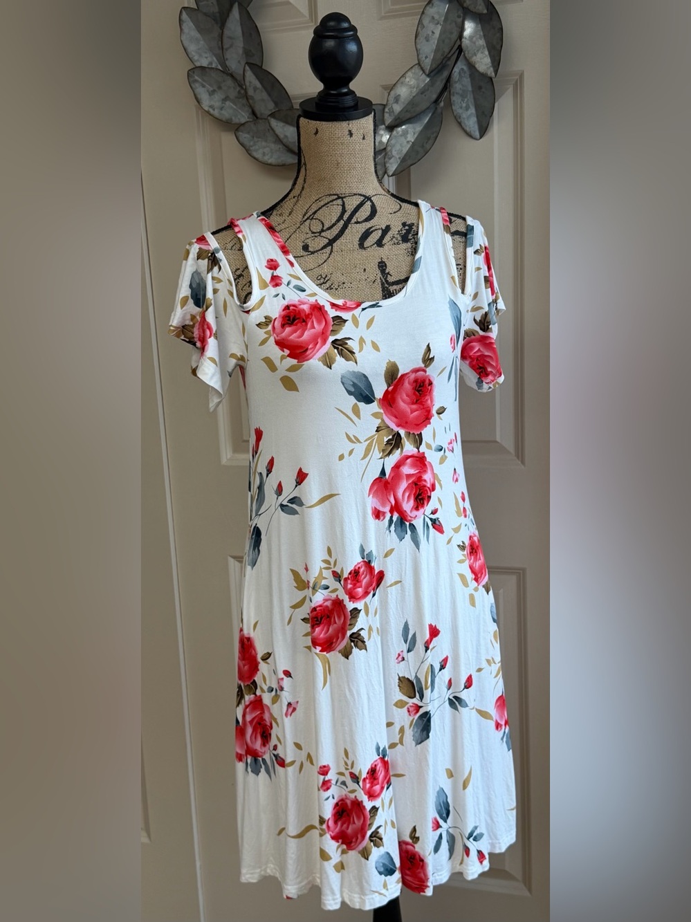 213: Floral Cold-Shoulder Midi Dress - White with Pink Rose Print - Medium